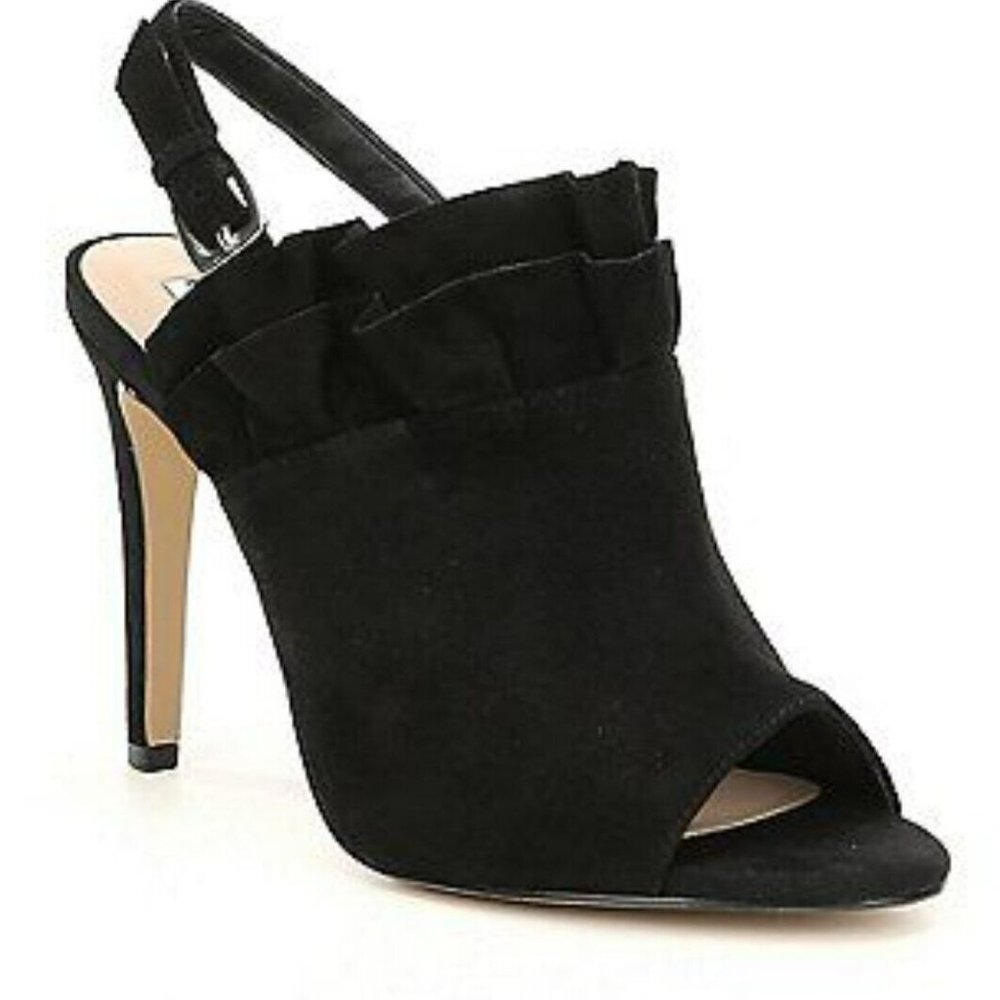 Karl Lagerfeld Paris Lanka Ruffled Black Suede High Heels Sandals Shoes Size 9